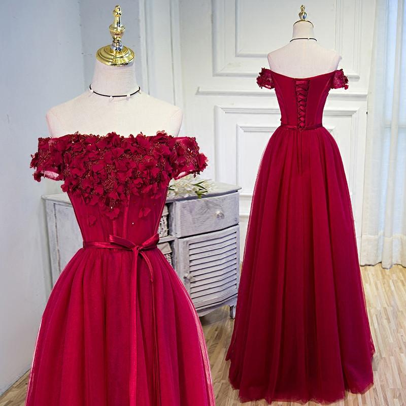 Burgundy Off The Shoulder Prom Dress Lace Cheap Plus Size Prom Dress #ER503 - OrtDress