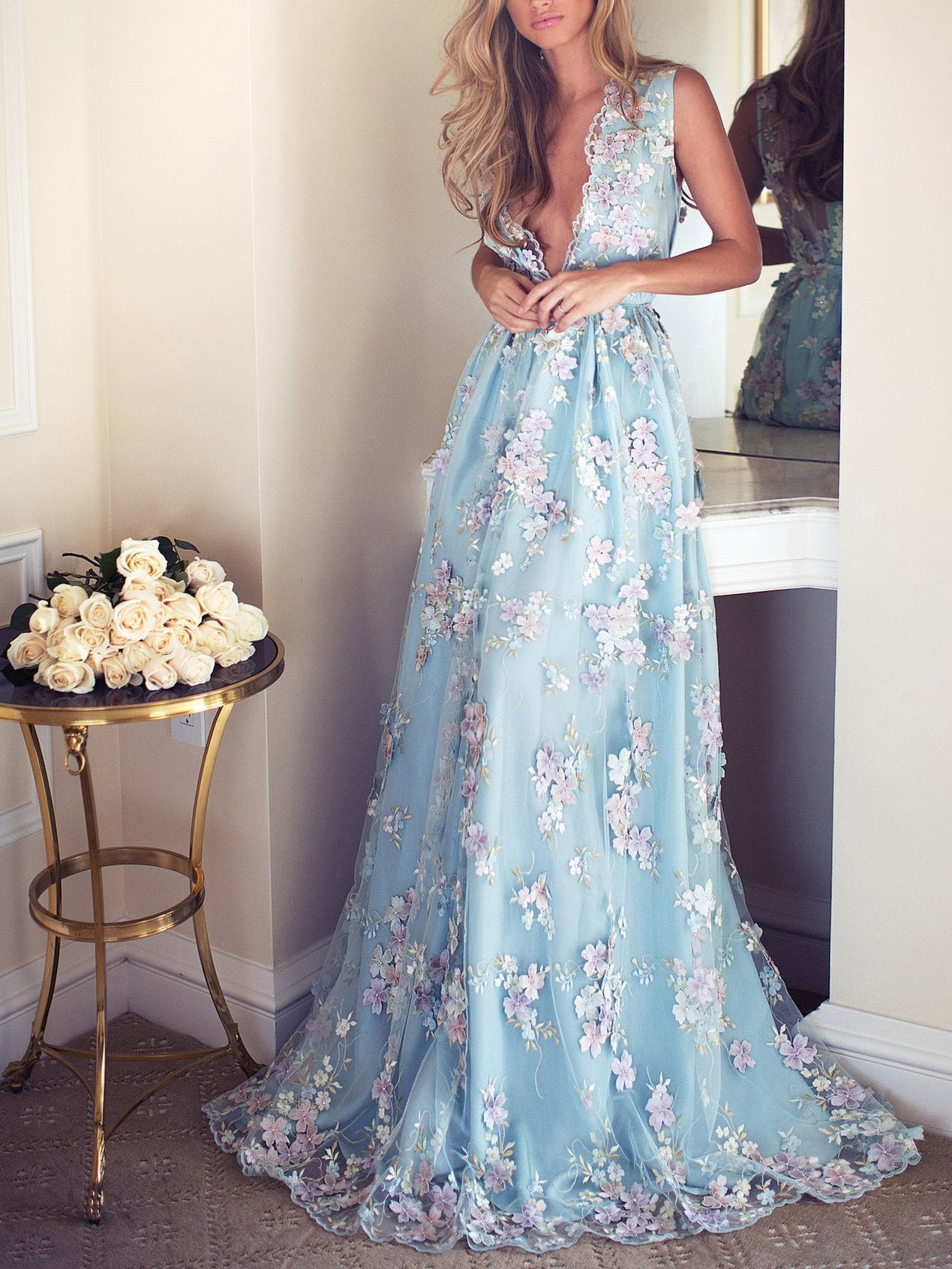 Lace Blue Prom Dress Lace V Neck Long Vintage Prom Dress #ER513 - OrtDress