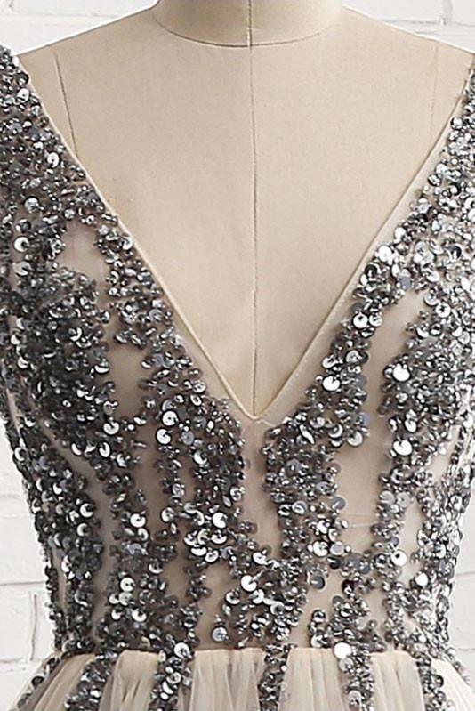 Chic Silver Prom Dress Vintage V Neck Tulle Beading Prom Dress #ER517 - OrtDress