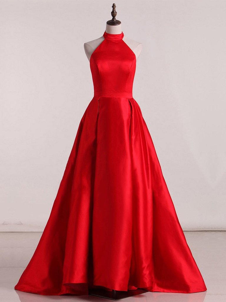 Red Satin Prom Dress Cheap A Line Long Halter African Prom Dress #ER563 - OrtDress