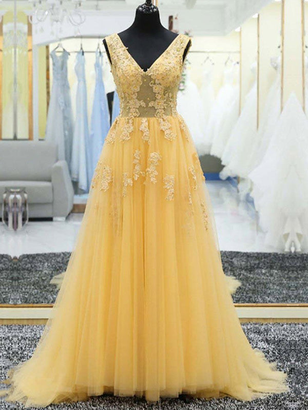 Yellow A Line V Neck Prom Dress Modest Cheap Long Tulle Prom Dress ER572 - OrtDress
