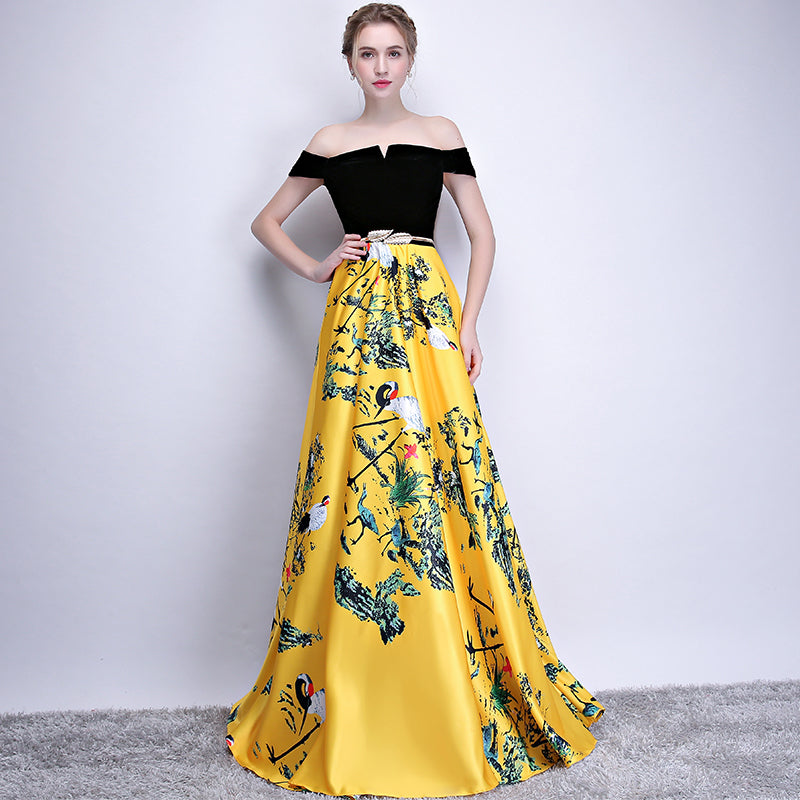 Chic A Line Yellow Prom Dress Off The Shoulder Floral Cheap Long Prom OrtDress Chic A Line Yellow Prom Dress Off The Shoulder Floral Cheap Long Prom OrtDress