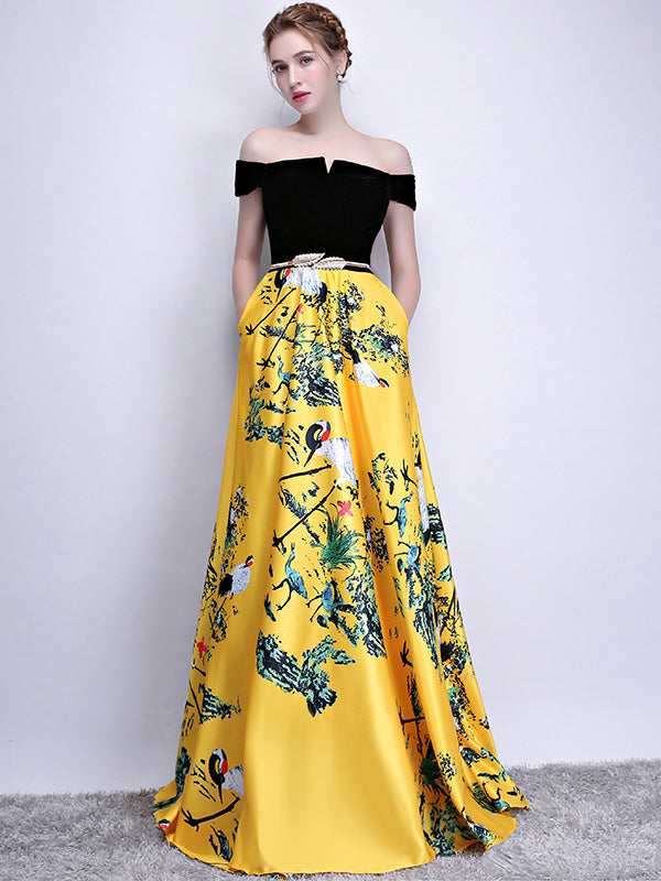 Chic A Line Yellow Prom Dress Off The Shoulder Floral Cheap Long Prom Dress ER580 - OrtDress