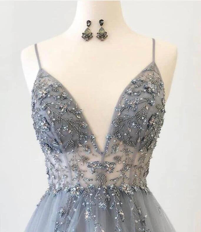 Sexy Deep V Neckline Crystal Beaded Prom Dress A Line Tulle Formal Dress ER2157