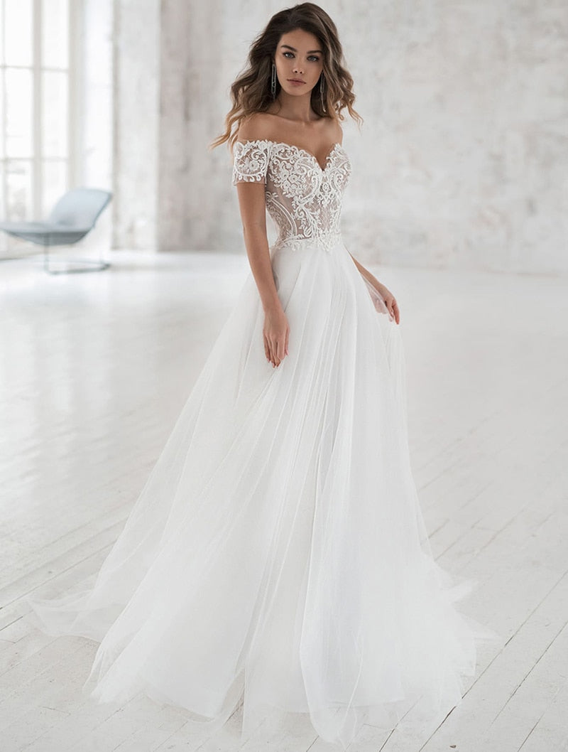 Off The Shoulder Appliqued Bride Dresses A Line Elegant Lace Wedding Bridal Gowns ER2100