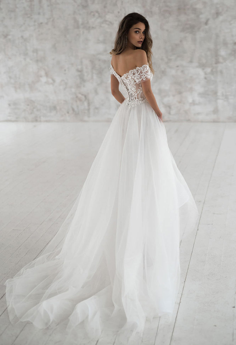Off The Shoulder Appliqued Bride Dresses A Line Elegant Lace Wedding Bridal Gowns ER2100