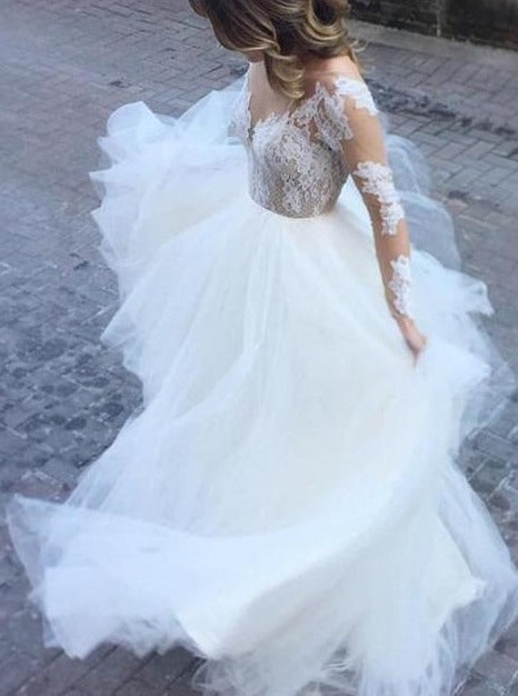 See Through V Neck Lace Wedding Dress Backless Lace Up Tulle Bottom We OrtDress See Through V Neck Lace Wedding Dress Backless Lace Up Tulle Bottom We OrtDress