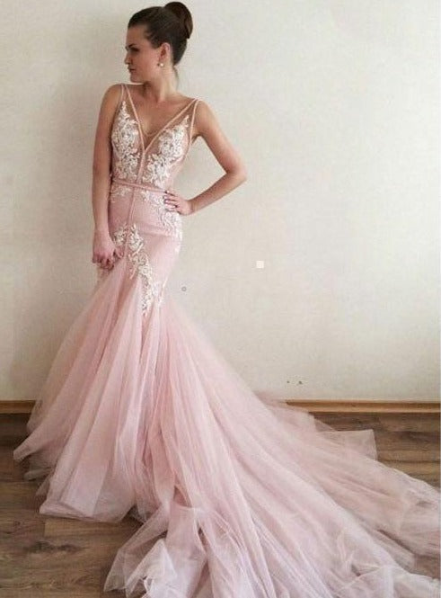Sexy Pink Tulle Mermaid Wedding Dresses Lace Bodice Bridal Dress ER2116