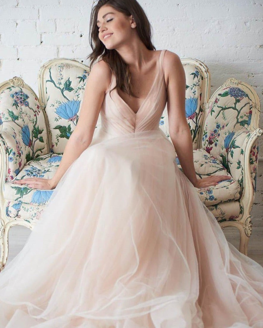 Simple Champagne Tulle Ball Gown Wedding Dresses Plus Size Bridal Dress ER2142